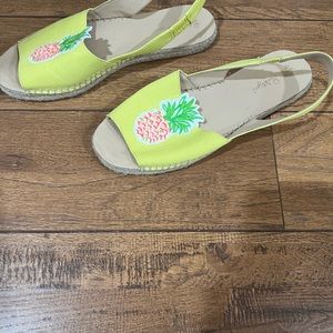 Lilly Pulitzer yellow sandals with pineapple shape embroidery